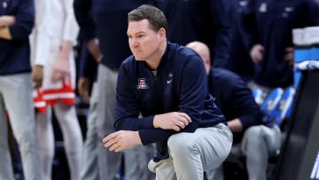 Mar 23, 2024; Salt Lake City, UT, USA; Arizona Wildcats head coach Tommy Lloyd during the second half in the second round of the 2024 NCAA Tournament against the Dayton Flyers at Vivint Smart Home Arena-Delta Center.