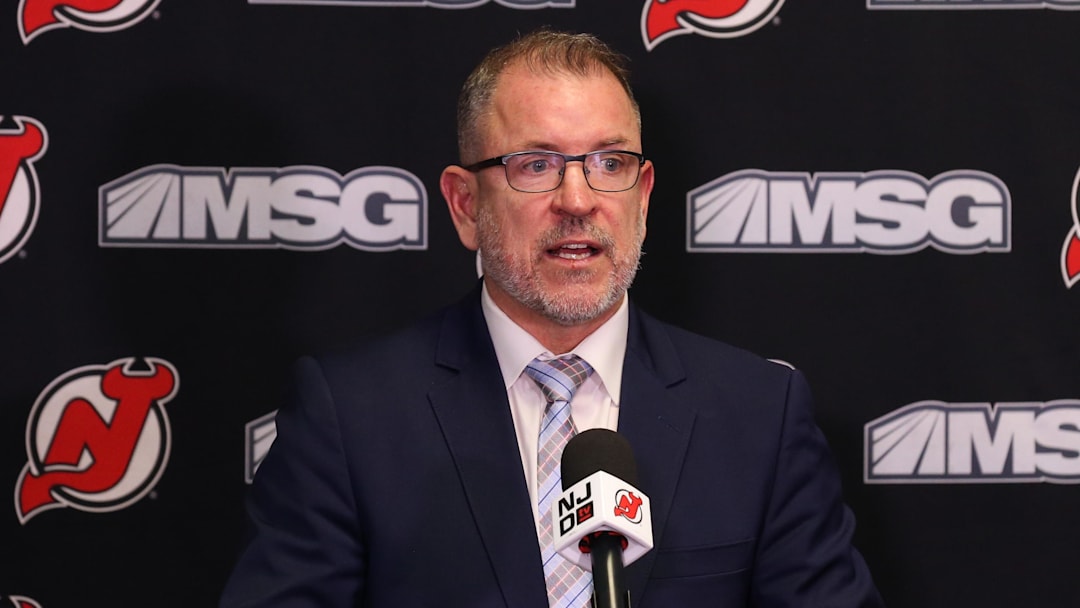 Nov 30, 2021; Newark, New Jersey, USA; New Jersey Devils executive vice president/general managerTom Fitzgerald, addresses the media about the contract extension of New Jersey Devils center Jack Hughes (86) before the start of the game against the San Jose Sharks at Prudential Center. Mandatory Credit: Tom Horak-Imagn Images