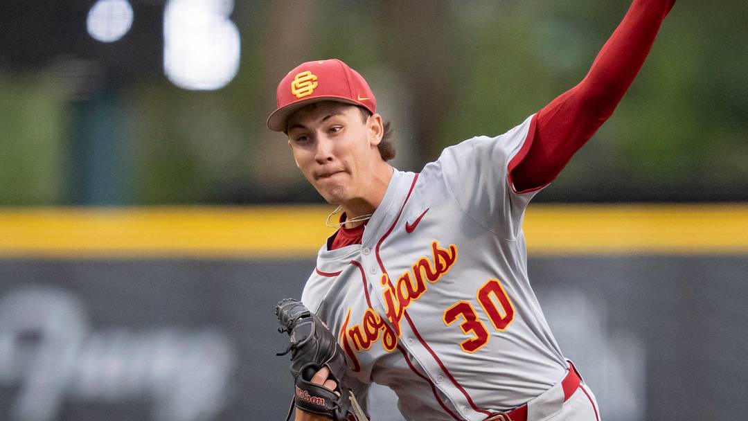 USC pitcher Mason Edwards throws a pitch as the Oregon Ducks host the USC Trojans on May 14, 2026, in Eugene, Oregon.