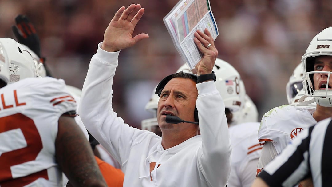 Texas Longhorns head coach Steve Sarkisian reacts to a replay on the video scoreboard during the second quarter against the Mississippi State Bulldogs at Davis Wade Stadium at Scott Field.