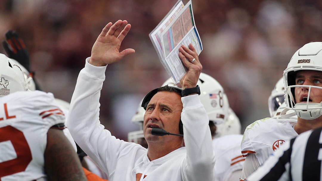 Oct 25, 2025; Starkville, Mississippi, USA; Texas Longhorns head coach Steve Sarkisian reacts to a replay on the video scoreboard during the second quarter against the Mississippi State Bulldogs at Davis Wade Stadium at Scott Field. Mandatory Credit: Petre Thomas-Imagn Images