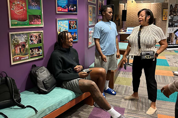 Wendell Carter Jr. of the NBA's Orlando Magic meets with a student from Boys 2 Men Mentoring in Orlando, Florida.