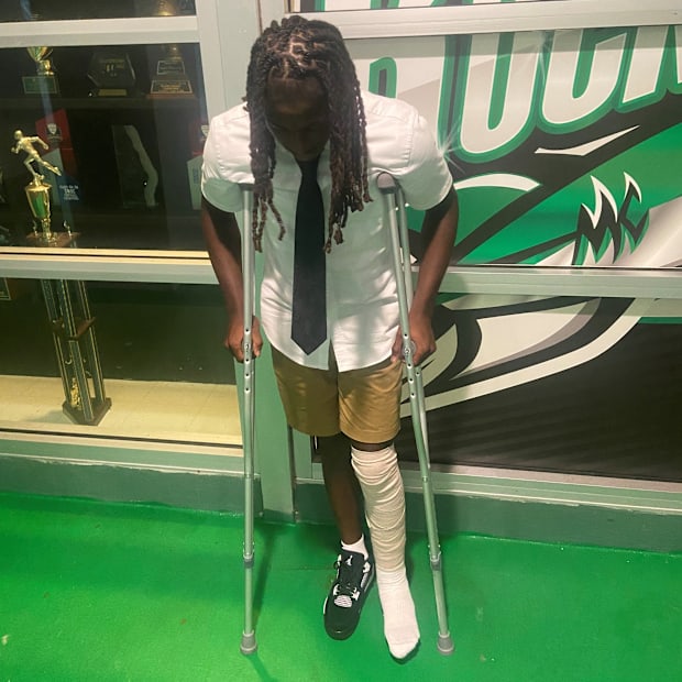 Amari Wallace on crutches following surgery.