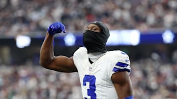 Sep 14, 2025; Arlington, Texas, USA; Dallas Cowboys wide receiver George Pickens (3) reacts after a play against the New York Giants during the fourth quarter at AT&T Stadium. Mandatory Credit: Kevin Jairaj-Imagn Images