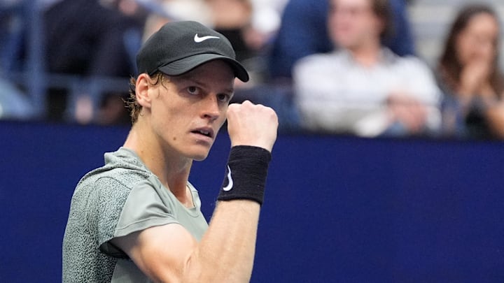 Sept 6, 2024; Flushing, NY, USA; Jannik Sinner (ITA) after winning the second set against Jack Draper (GBR) on day twelve of the 2024 U.S. Open tennis tournament at USTA Billie Jean King National Tennis Center. Mandatory Credit: Robert Deutsch-Imagn Images