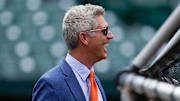 Jul 27, 2022; Baltimore, Maryland, USA;  Baltimore Orioles general manager Mike Elias reacts on the field before the game between the Baltimore Orioles and the Tampa Bay Rays at Oriole Park at Camden Yards. 