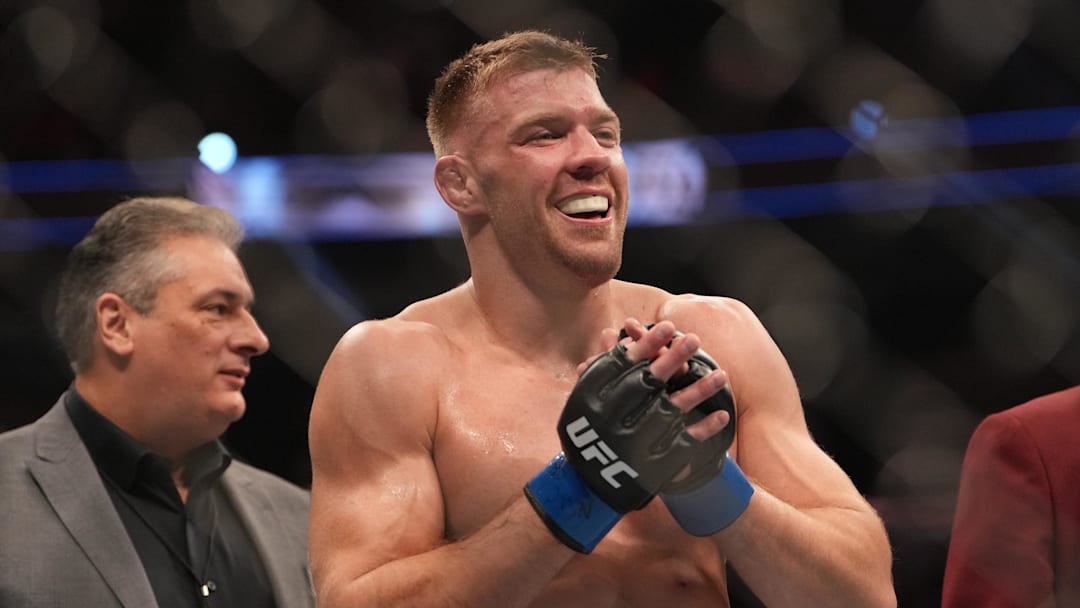 Dricus Du Plessis reacts after fighting Darren Till during UFC 282 at T-Mobile Arena. 