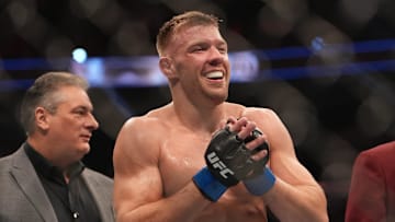 Dricus Du Plessis reacts after fighting Darren Till during UFC 282 at T-Mobile Arena. 