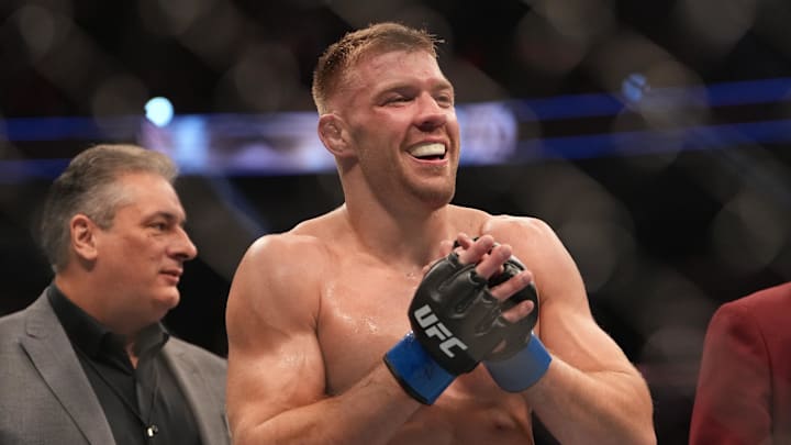 Dricus Du Plessis reacts after fighting Darren Till during UFC 282 at T-Mobile Arena. 