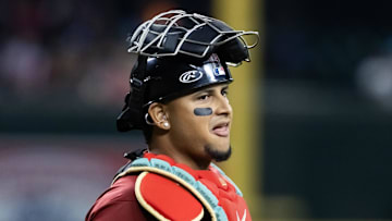 Sep 7, 2025; Phoenix, Arizona, USA; Arizona Diamondbacks catcher Gabriel Moreno against the Boston Red Sox at Chase Field. Mandatory Credit: Mark J. Rebilas-Imagn Images