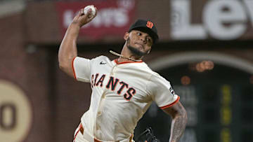 Jul 7, 2025; San Francisco, California, USA; San Francisco Giants pitcher Camilo Doval (75) throws a pitch against the Philadelphia Phillies during the ninth inning at Oracle Park. 