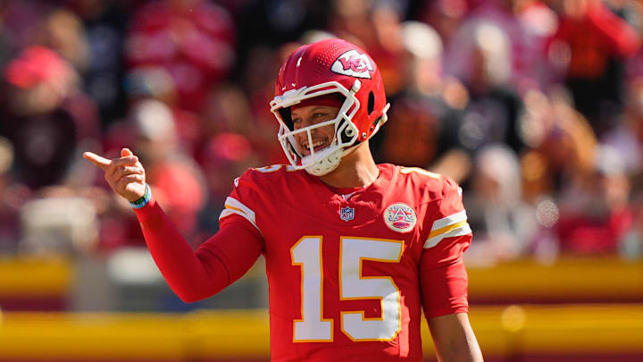 Oct 19, 2025; Kansas City, Missouri, USA; Kansas City Chiefs quarterback Patrick Mahomes (15) gestures during the first half of the game against the Las Vegas Raiders at GEHA Field at Arrowhead Stadium. Mandatory Credit: Jay Biggerstaff-Imagn Images