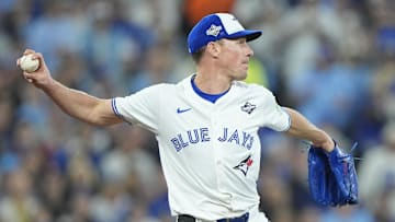 Nov 1, 2025; Toronto, Ontario, CAN; Toronto Blue Jays pitcher Chris Bassitt (40) throws to second for an out against Los Angeles Dodgers third baseman Max Muncy (13) in the sixth inning during game seven of the 2025 MLB World Series at Rogers Centre. Mandatory Credit: John E. Sokolowski-Imagn Images