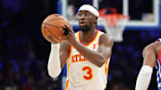 Apr 11, 2025; Philadelphia, Pennsylvania, USA; Atlanta Hawks guard Caris LeVert (3) passes the ball against the Philadelphia 76ers in the second quarter at Wells Fargo Center. Mandatory Credit: Kyle Ross-Imagn Images