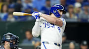 Kansas City Royals first base Vinnie Pasquantino (9) bats during the first inning against the New York Yankees in game four of the ALDS for the 2024 MLB Playoffs at Kauffman Stadium. 