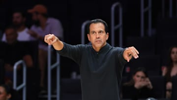 Oct 6, 2025; Miami, Florida, USA; Miami Heat Head Coach Erik Spoelstra signals against the Milwaukee Bucks during the third quarter at Kaseya Center. Mandatory Credit: Sam Navarro-Imagn Images