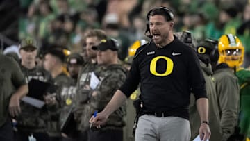 Oregon head coach Dan Lanning yells on the sideline as the Oregon Ducks host the Maryland Terrapins at Autzen Stadium on Saturday, Nov. 9, 2024, in Eugene, Ore.
