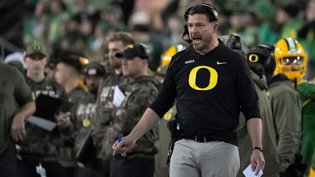 Oregon head coach Dan Lanning yells on the sideline as the Oregon Ducks host the Maryland Terrapins at Autzen Stadium Saturda