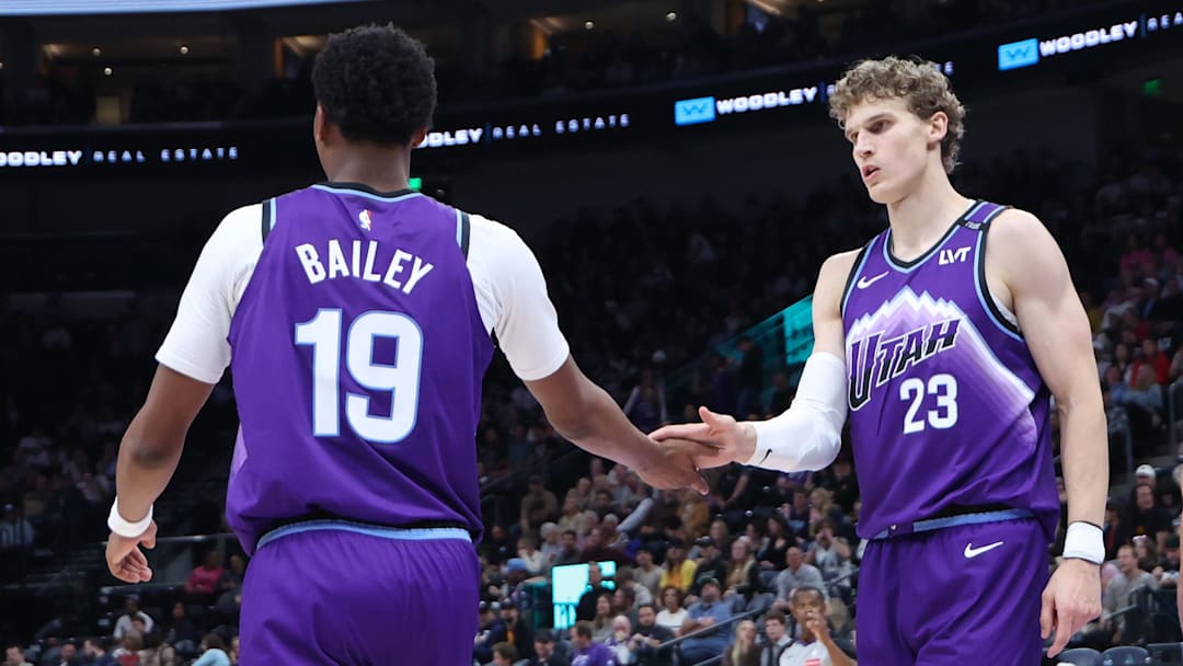 Nov 13, 2025; Salt Lake City, Utah, USA; Utah Jazz forward Lauri Markkanen (23) and guard Ace Bailey (19) react to a play against the Atlanta Hawks during the second half at Delta Center. Mandatory Credit: Rob Gray-Imagn Images