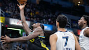 Jan 28, 2024; Indianapolis, Indiana, USA; Indiana Pacers forward Pascal Siakam (43) shoots the ball while Memphis Grizzlies forward Santi Aldama (7) defends in the second half at Gainbridge Fieldhouse. Mandatory Credit: Trevor Ruszkowski-Imagn Images