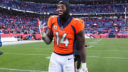 Oct 29, 2023; Denver, Colorado, USA; Denver Broncos wide receiver Courtland Sutton (14) following the win over the Kansas City Chiefs at Empower Field at Mile High. Mandatory Credit: Ron Chenoy-USA TODAY Sports