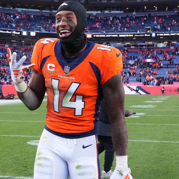 Oct 29, 2023; Denver, Colorado, USA; Denver Broncos wide receiver Courtland Sutton (14) following the win over the Kansas City Chiefs at Empower Field at Mile High. Mandatory Credit: Ron Chenoy-USA TODAY Sports