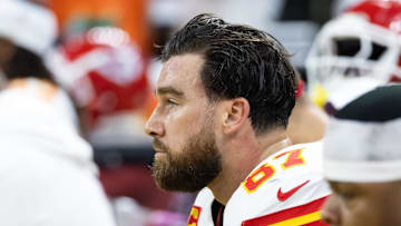 Feb 9, 2025; New Orleans, LA, USA;  Kansas City Chiefs tight end Travis Kelce (87) reacts on the bench in the fourth quarter against the Philadelphia Eagles in Super Bowl LIX at Ceasars Superdome. Mandatory Credit: Mark J. Rebilas-Imagn Images