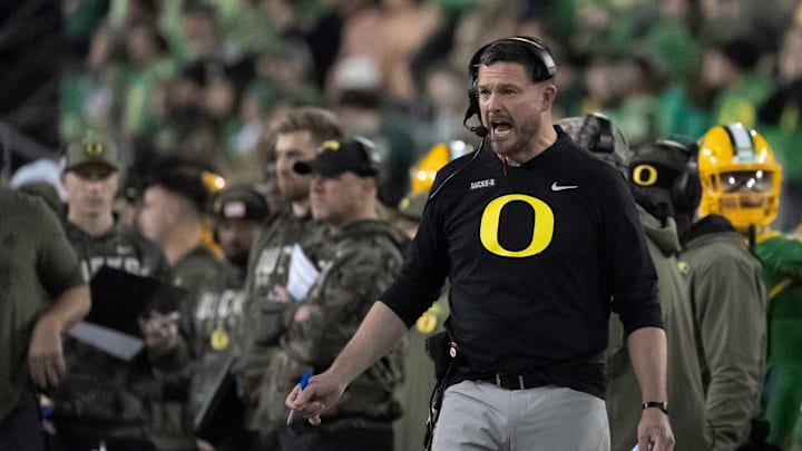 Oregon head coach Dan Lanning yells on the sideline as the Oregon Ducks host the Maryland Terrapins at Autzen Stadium Saturday, Nov. 9, 2024 in Eugene, Ore.