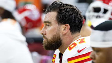 Feb 9, 2025; New Orleans, LA, USA;  Kansas City Chiefs tight end Travis Kelce (87) reacts on the bench in the fourth quarter against the Philadelphia Eagles in Super Bowl LIX at Ceasars Superdome. Mandatory Credit: Mark J. Rebilas-Imagn Images