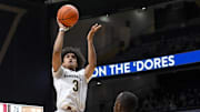 Dec 3, 2025; Nashville, Tennessee, USA;  Vanderbilt Commodores guard Tyler Tanner (3) shoots against the Southern Methodist University Mustangs during the first half at Memorial Gymnasium. Mandatory Credit: Steve Roberts-Imagn Images