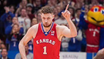 Mar 5, 2024; Lawrence, Kansas, USA; Kansas Jayhawks center Hunter Dickinson (1) celebrates.