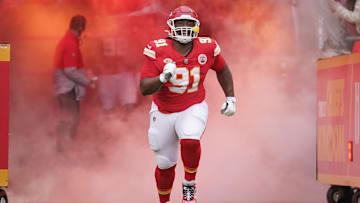 Dec 25, 2023; Kansas City, Missouri, USA; Kansas City Chiefs defensive tackle Derrick Nnadi (91) is introduced against the Las Vegas Raiders prior to a game at GEHA Field at Arrowhead Stadium.