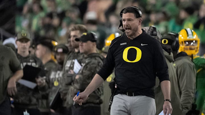 Oregon head coach Dan Lanning yells on the sideline as the Oregon Ducks host the Maryland Terrapins at Autzen Stadium Saturday, Nov. 9, 2024 in Eugene, Ore.