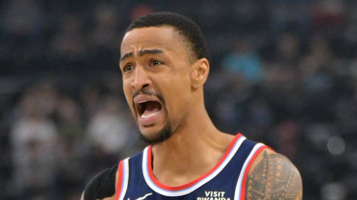 Feb 4, 2026; Inglewood, California, USA; Los Angeles Clippers forward John Collins (20) reacts after he was charged with a foul on Cleveland Cavaliers guard Donovan Mitchell (45) in the first half at Intuit Dome. Mandatory Credit: Jayne Kamin-Oncea-Imagn Images