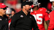 Ohio State Buckeyes head coach Ryan Day reacts to a targeting call on linebacker Arvell Reese during the second half of the NCAA football game against the Nebraska Cornhuskers at Ohio Stadium in Columbus on Saturday, Oct. 26, 2024. Ohio State won 21-17.