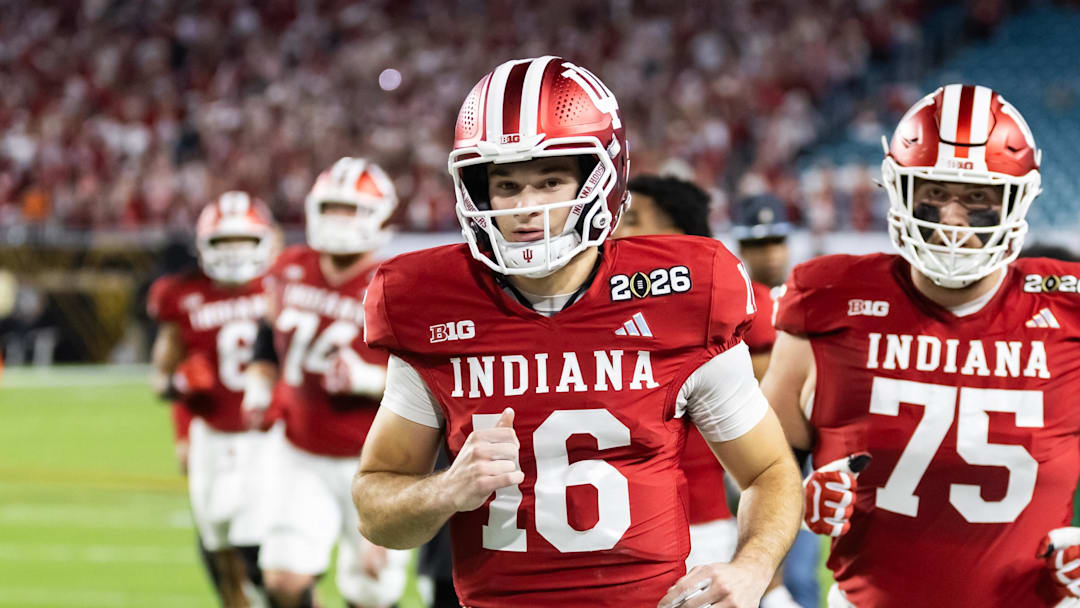 Jan 19, 2026; Miami Gardens, FL, USA; Indiana Hoosiers quarterback Alberto Mendoza (16) against the Miami Hurricanes in the College Football Playoff National Championship game at Hard Rock Stadium. Mandatory Credit: Mark J. Rebilas-Imagn Images