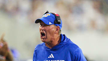 Aug 23, 2025; Lawrence, Kansas, USA; Kansas Jayhawks head coach Lance Leipold reacts after a play during the second half against the Fresno State Bulldogs at David Booth Kansas Memorial Stadium. Mandatory Credit: Jay Biggerstaff-Imagn Images