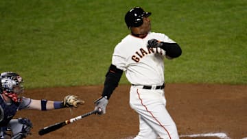 San Francisco Giants' Barry Bonds hits home run number 756 off Washington Nationals pitcher Mike Bacsik breaking Hank Aaron's all-time Major League Baseball career home run record of 755 on Aug. 7, 2007 at AT&T Park in San Francisco, Calif. becoming the career all-time home run record holder.