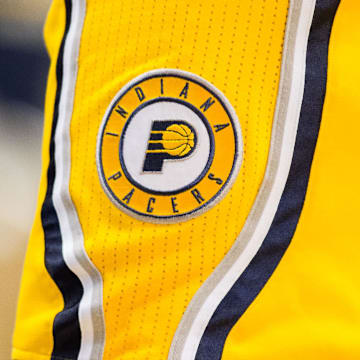 Mar 27, 2016; Indianapolis, IN, USA; A view of the Indiana Pacers logo on the shorts of guard George Hill (3) in the game against the Houston Rockets at Bankers Life Fieldhouse. The Indiana Pacers beat the Houston Rockets by the score of 104-101. Mandatory Credit: Trevor Ruszkowski-Imagn Images