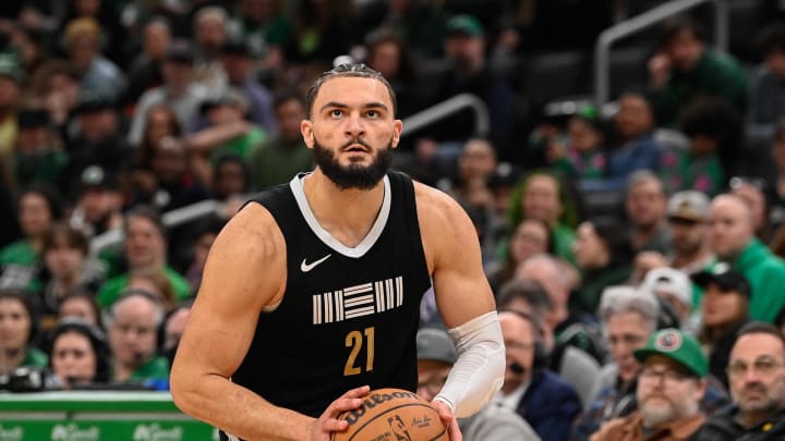 Feb 4, 2024; Boston, Massachusetts, USA; Memphis Grizzlies forward David Roddy (21) shoots the ball during the second half against the Boston Celtics at TD Garden. Mandatory Credit: Eric Canha-USA TODAY Sports