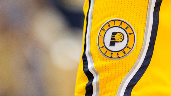 Mar 27, 2016; Indianapolis, IN, USA; A view of the Indiana Pacers logo on the shorts of guard George Hill (3) in the game against the Houston Rockets at Bankers Life Fieldhouse. The Indiana Pacers beat the Houston Rockets by the score of 104-101. Mandatory Credit: Trevor Ruszkowski-Imagn Images