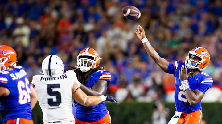 Florida Gators quarterback DJ Lagway (2) passes during the second half at Ben Hill Griffin Stadium in Gainesville, FL on Saturday, September 7, 2024 against the Samford Bulldogs. The Florida Gators won 45-7 over the Bulldogs. [Doug Engle/Gainesville Sun]