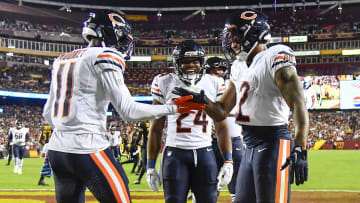 Oct 5, 2023; Landover, Maryland, USA; Chicago Bears wide receiver DJ Moore (2) celebrates with wide