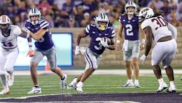 Aug 31, 2024; Manhattan, Kansas, USA; Kansas State Wildcats running back Dylan Edwards (3) finds room to run in the fourth quarter against the Tennessee-Martin Skyhawks at Bill Snyder Family Football Stadium. Mandatory Credit: Scott Sewell-Imagn Images