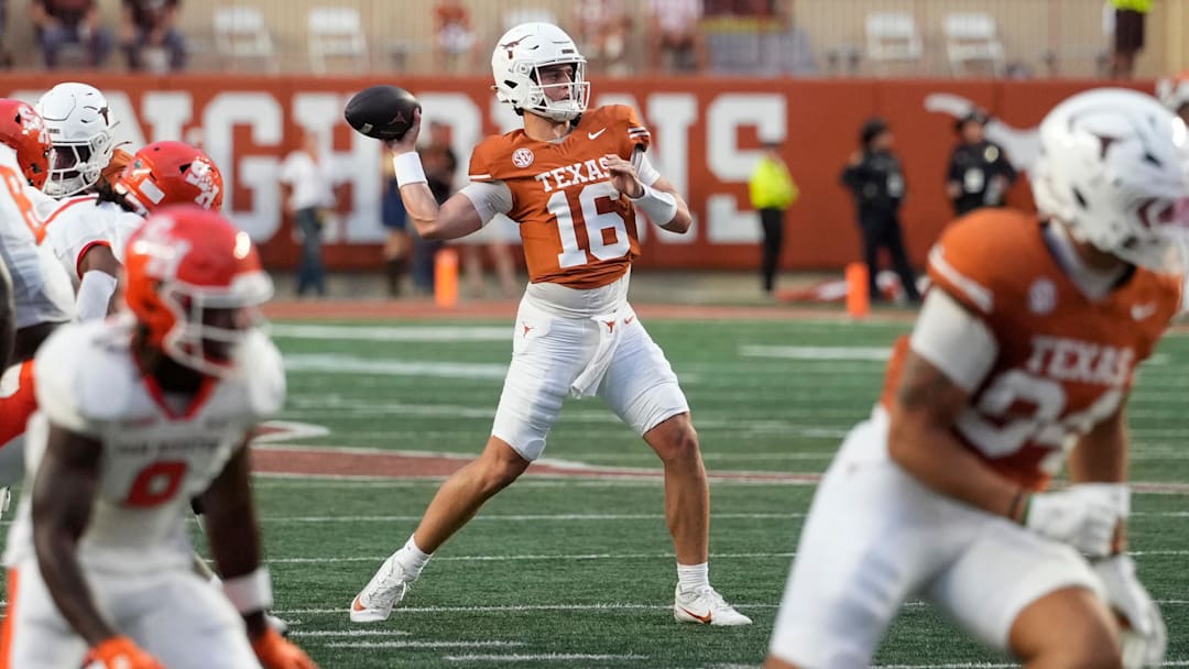 Sep 20, 2025; Austin, Texas, USA; Texas Longhorns quarterback Arch Manning (16) throws a pass during the first half against the Sam Houston Bearkats at Darrell K Royal-Texas Memorial Stadium. Mandatory Credit: Scott Wachter-Imagn Images