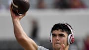 Sep 2, 2023; Tuscaloosa, Alabama, USA; Alabama Crimson Tide quarterback Dylan Lonergan (12) throws before the Crimson Tide game with MTSU at Bryant-Denny Stadium. 