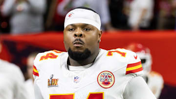 Feb 9, 2025; New Orleans, LA, USA;  Kansas City Chiefs offensive tackle Jawaan Taylor (74) against the Philadelphia Eagles in Super Bowl LIX at Ceasars Superdome. Mandatory Credit: Mark J. Rebilas-Imagn Images