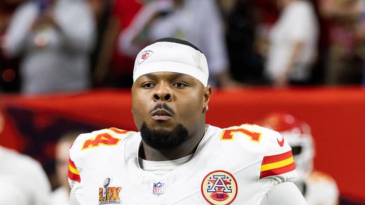 Feb 9, 2025; New Orleans, LA, USA;  Kansas City Chiefs offensive tackle Jawaan Taylor (74) against the Philadelphia Eagles in Super Bowl LIX at Ceasars Superdome. Mandatory Credit: Mark J. Rebilas-Imagn Images