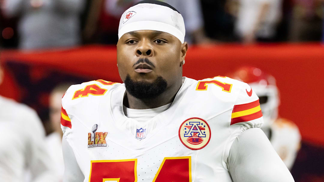 Feb 9, 2025; New Orleans, LA, USA; Kansas City Chiefs offensive tackle Jawaan Taylor (74) against the Philadelphia Eagles in Super Bowl LIX at Caesars Superdome. Mandatory Credit: Mark J. Rebilas-Imagn Images Feb 9, 2025; New Orleans, LA, USA; Kansas City Chiefs offensive tackle Jawaan Taylor (74) against the Philadelphia Eagles in Super Bowl LIX at Caesars Superdome. Mandatory Credit: Mark J. Rebilas-Imagn Images