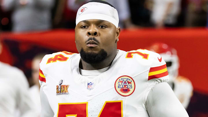 Feb 9, 2025; New Orleans, LA, USA;  Kansas City Chiefs offensive tackle Jawaan Taylor (74) against the Philadelphia Eagles in Super Bowl LIX at Caesars Superdome. Mandatory Credit: Mark J. Rebilas-Imagn Images